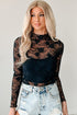 Sheer Floral Lace Mesh Mock Neck Elegant Long Sleeve Fitted Top